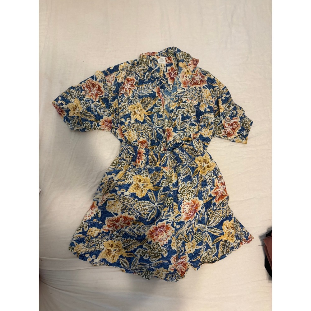 Vintage Hawaiian Shirt and Shorts Set Blue Floral Cotton Women Size 18